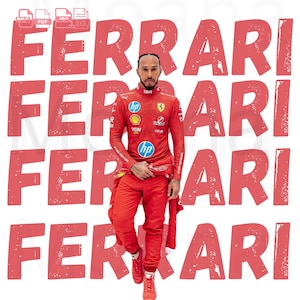 May include: A person in a red Ferrari racing suit stands in front of the word "FERRARI" repeated in a pattern. The suit has sponsor logos and the Ferrari emblem. The person is wearing red shoes and has a serious expression.