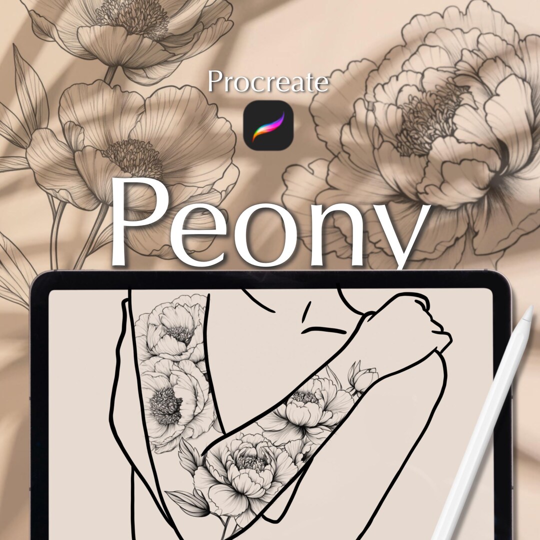 50 Procreate Peony Tattoo Stamps: Fine Line Brush Set (digital Download ...