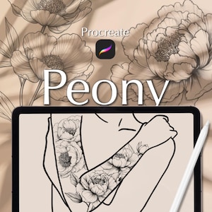 May include: A digital illustration of a peony flower design on a tablet screen. The design is in black and white and features a stylised peony flower on a person's arm. The text "Procreate" and "Peony" are visible on the screen.