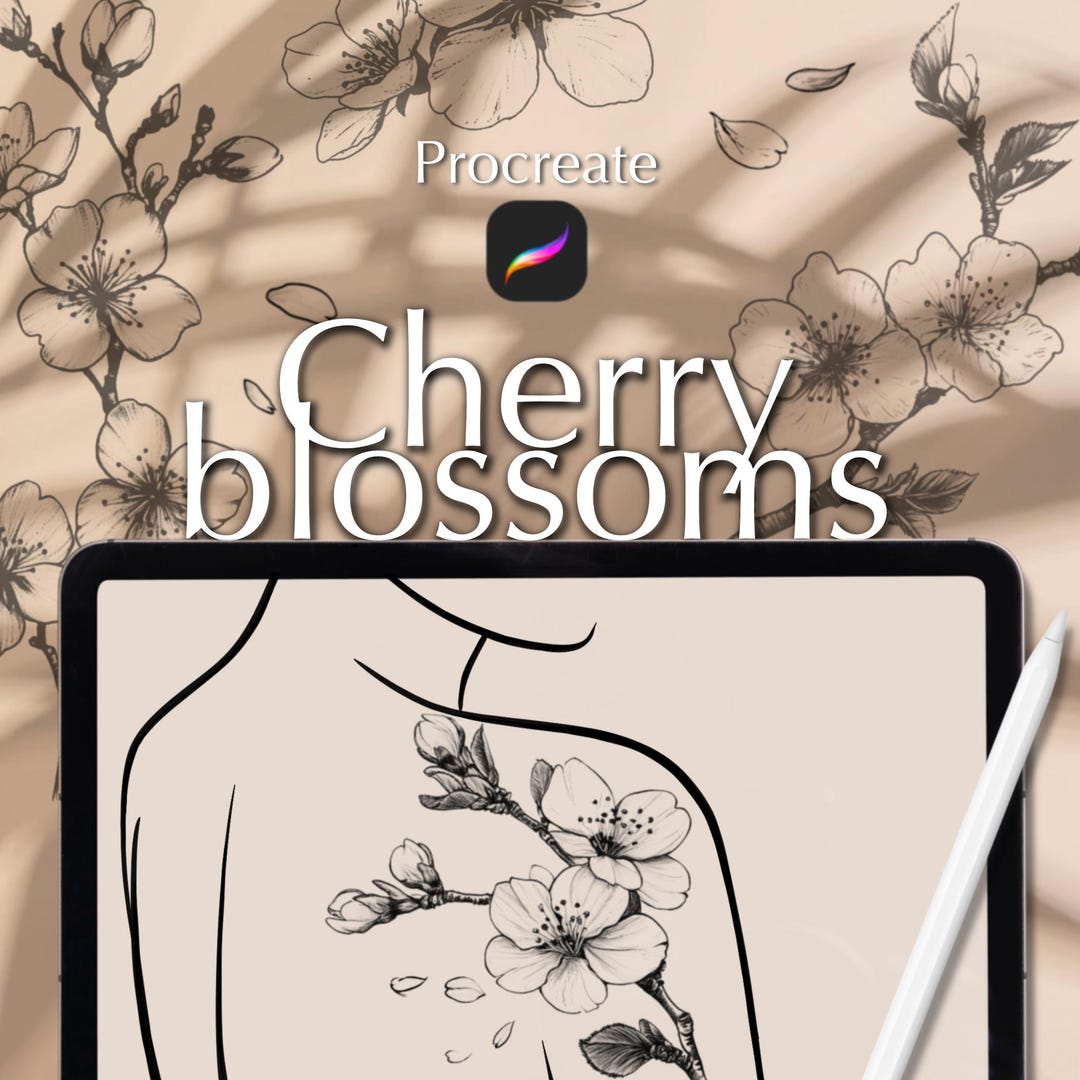50 Procreate Cherry Blossom Tattoo Stamps: Fine Line Brush Set (digital ...