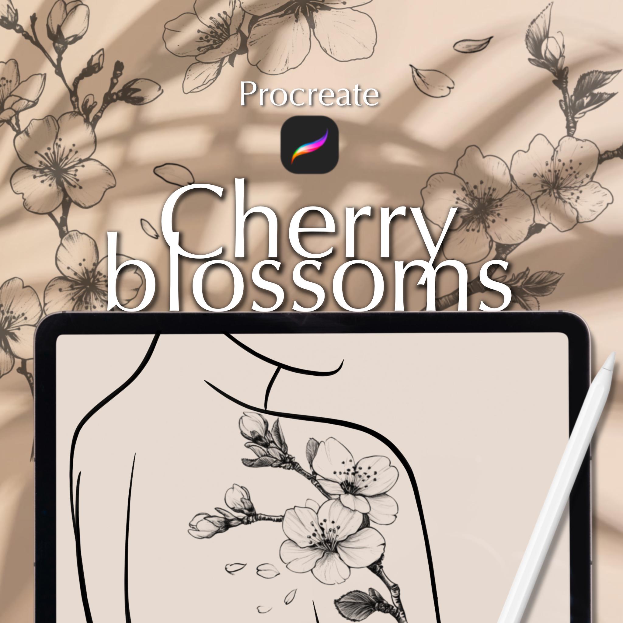 50 Procreate Cherry Blossom Tattoo Stamps: Fine Line Brush Set (digital ...