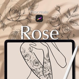 以下が含まれることがあります： タブレット画面にバラのタトゥーデザインを描いたデジタルアートイラスト。 「Rose」の文字が大きな白い文字で表示されています。 Procreateアプリのロゴが表示され、背景にはバラのイラストがあります。