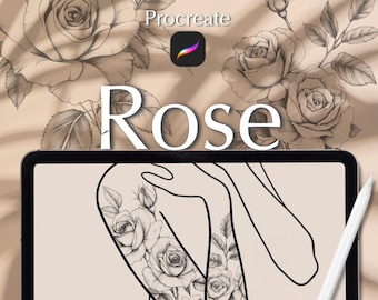 May include: Digital art illustration featuring a rose tattoo design on a tablet screen. The word "Rose" is displayed in large white letters. The Procreate app logo is visible, and rose illustrations are in the background.