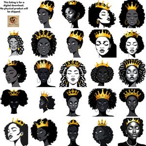 24 個の黒人女王のクリップアート バンドル、アフリカ系アメリカ人の女王 png、デジタル ダウンロード、黒人女性、アフロ女性 jpg
