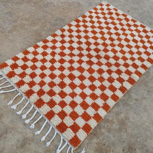 Stunning Custom Orange checkered rug, Beni Ourain Orange Shag Rug, Custom Moroccan Rug, Orange runner rug, Orange and White checkered rug .