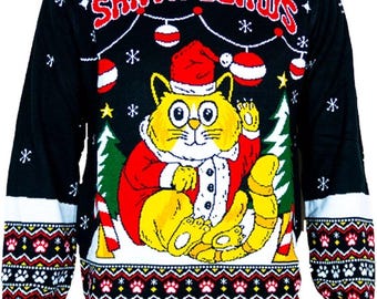 Santa Claws Weihnachtspullover Süße Katze – Böser Weihnachtspullover DrunkenDinos – Gestrickter Weihnachtspullover – Katzen-Weihnachtspullover – Katzen-Weihnachtspullover – Böser Pullover