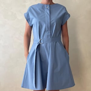 Blue Midi Business Dress Casual Sleeveless High Quality  Cotton Poplin Dress Blue Wedding Guest Dress Blue Formal Dress Business dress
