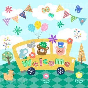 Lindos animales guardería clip art, vehículo autobús, ilustración digital, descarga PNG Póster Boceto Póster infantil Álbum de recortes, ilustración, material