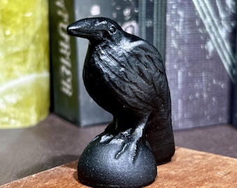Natural Black Obsidian Raven Carving, Hand Carved Crystal Bird, Protection Stone, Gothic Decor, Meditation Altar, Desk Ornaments