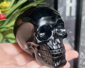Natural Black Obsidian Skull Carving, Hand Carved Crystal Skull, Protection Stone, Gothic Decor, Meditation Altar, Desk Ornaments