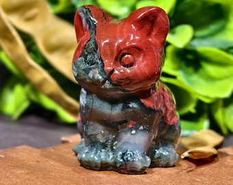 African Bloodstone Cat Figurine, Natural Bloodstone Crystal Cat Sculpture, Decorative Crystal Carving, Healing Crystal Gifts for Cat Lovers