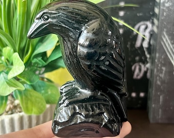 Black Obsidian Raven Carving, Hand Carved Natural Crystal Raven Sculpture, Gothic Raven Figurine Meditation Alter Decor, Desk Ornaments