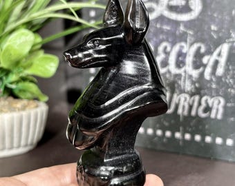 Ice Obsidian Anubis Sculpture, Hand Carved Anubis Carving, Crystal Collection, Spiritual Crystal Gifts