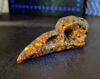 Yooperlite Raven Skull Figurine, Hand Carved UV Reactive Glowing Crystal Carving, Protection Crystal, Crystal Display, Crystal Collection