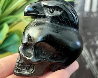 Black Obsidian Raven Skull Figurine, Hand Carved Natural Crystal Raven Sculpture, Protection Stone, Gothic Meditation Decor, Desk Ornaments