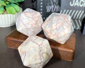 Hand Carved Red Line Stone Icosahedron Crystal Figurine, Polished Gemstone Tabletop Ornament, Spiritual Decor