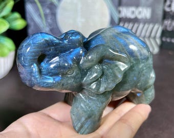 Natural Labradorite Elephant Figurine, Hand Carved Blue Flash Labradorite Ornament, Spiritual Crystal Animal Carving, Crystal Lover Gift