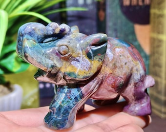 Ocean Jasper Elephant Figurine, Unique Orbicular jasper Elephant Sculpture, Hand Carved Healing Crystal Animal Carving, Spiritual Gifts