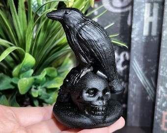 Black Obsidian Raven on Skull Figurine, Handcrafted Volcanic Glass Gothic Dark Decor, Natural Crystal Crow Skull Sculpture
