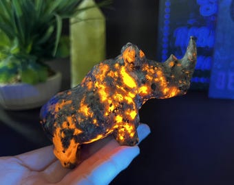 Yooperlite Rhinoceros Sculpture, Hand Carved UV Reactive Rhino Carving, Crystal Rhino Totem, Spirit Animal Collection, Mystical Decor
