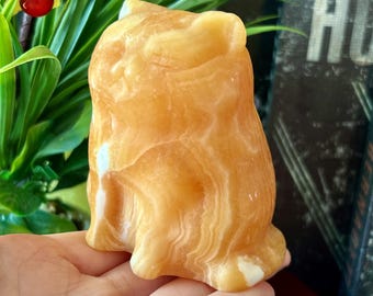 Orange Calcite Cat Figurine Carving, Hand Carved Crystal Cat Figurine, Natural Stone Cat Sculpture, Healing Crystal Animal Decor