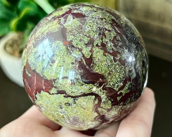 Natural Dragon Blood Stone Crystal Sphere, Polished Green Red Jasper Epidote Scrying Ball, Healing Crystal Meditation Decor, Crystal Gifts