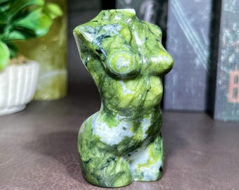 Green Jade Goddess Torso Sculpture, Hand Carved Natural Jade Female Body Figurine, Crystal Divine Feminine Totem for Goddess Collection