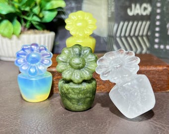 Natural Crystal Flowerpot Carving, Hand Carved Mini Crystal Gemstone Figurine, Pocket Crystal, Crystal Display, Healing Crystal Gifts