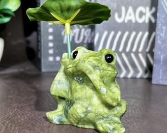 Natural Green Jade Frog Figurine, Hand Carved Lotus Leaf Frog Carving, Healing Crystal Ornament, Crystal Gifts