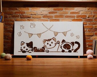 Pinewood panel featuring cats at a party. Burned by hand using pyrography.