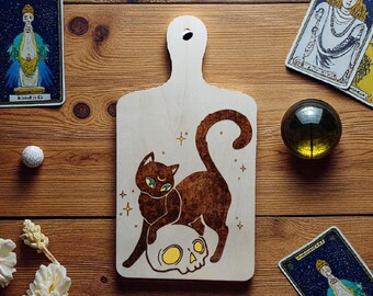 Pyrography Cat & Skull Wood Paddle - Decorative Wall Art