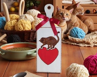 Pyrography Cat Wooden Paddle: Handmade Cat Lover Decor