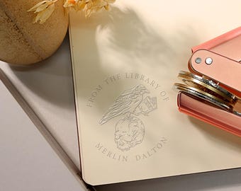 Custom Library Stamp - Original Dragon & Cat Design | 42mm Metal Book Embosser for Bookworm Gift