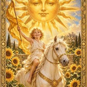 Könnte beinhalten: Eine Tarotkarte mit einer großen Sonne mit menschlichem Gesicht über einem Kind auf einem weißen Pferd. Das Kind hält eine gelbe Flagge. Die Szene zeigt Sonnenblumen, eine Steinmauer und eine ferne Burg, eingerahmt von einem goldenen Rand mit dem Text XIX und SONCE.
