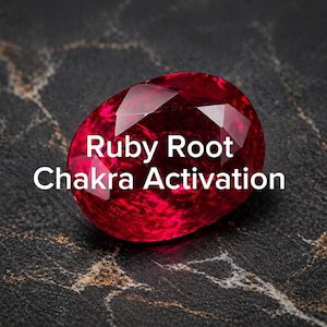 May include: A faceted, oval-shaped ruby gemstone with the text "Ruby Root Chakra Activation" in white. The ruby is a deep red color and sits on a dark, textured surface.