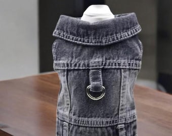 Cool Denim Dog Jacket – Stylish Puppy Jean Vest, Lapel Harness Shirt. Durable, Scratch-Resistant. Trendy Pet Outfit for Small & Medium Dogs
