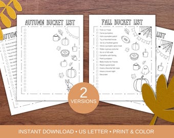 May include: Two printable autumn bucket lists, one labeled "Autumn Bucket List" and the other "Fall Bucket List." Each list features seasonal illustrations of pumpkins, leaves, and other fall-themed items. The text "2 VERSIONS" is visible.