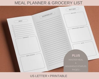 Wöchentlicher Mahlzeitenplaner mit Einkaufsliste, Meal Prep Planer, Menüplaner für die Woche, Vorlage für den Menüplan und die Einkaufsliste
