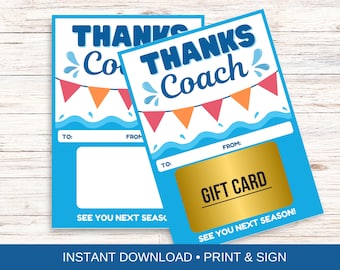 Swim Coach Gift Card Holder, Printable Gift for Swim Team Instructor, Instant Download Thank You Card, End of Season Coach Appreciation Gift