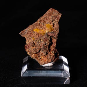 May include: A small, rough, brown rock with bright yellow mineral crystals embedded in it. The rock is displayed on a clear acrylic stand.