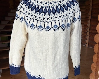 Vtg Ręcznie robiony na drutach wełniany sweter w stylu nordyckim, rozmiary L-XL