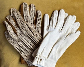 Vtg Lot of 2 Driving & White Nylon Gloves, Leather and Crochet size 6.5