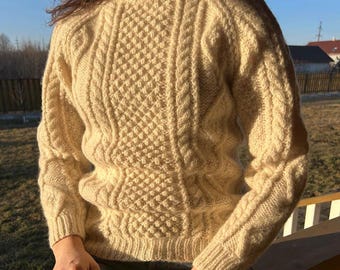Vtg Wool Hand Knitted Antartex Fisherman Women Sweater, size S/36, Made in GB