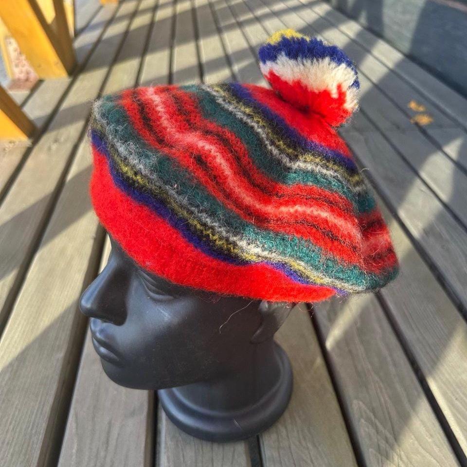 Scottish 100% Wool Rainbow Striped Tam Pom Pom Beret Hat  display picture 1