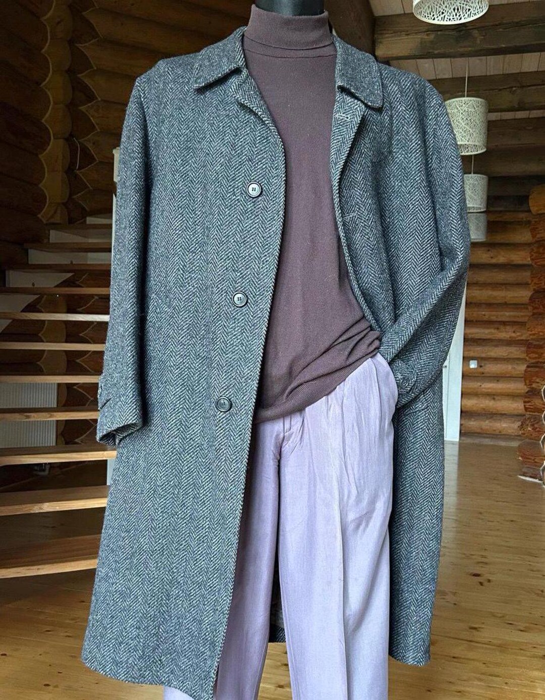 Vintage Classic English Herringbone Tweed 100% Wool Overcoat
