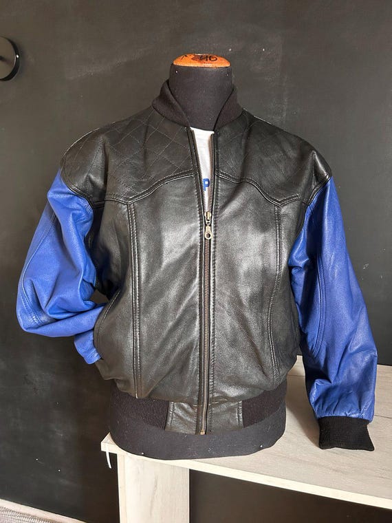 Vintage 90s Genuine Lamb Leather Bomber Jacket Black Royal Blue Y2k Unisex