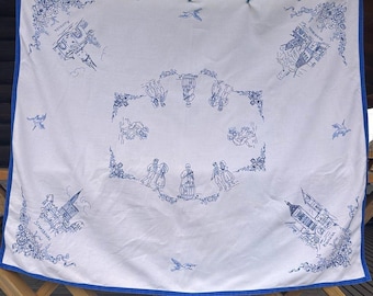Vintage Blue Hand Embroidered Tablecloth Linen Hemp, 158x135cm (62"x53")