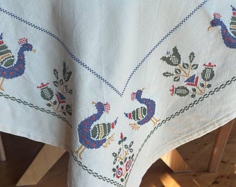 Vtg Rectangular Birds Embroidered Tablecloth, Cross Stitch, Stains! 160x120cm (63&quot;x47&quot;)
