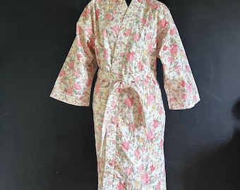 Vtg french quilted cotton kimono‑style robe | dressing gown, wrap belted housecoat.