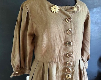 Vtg Linen Brown Dress XL – Cottagecore, Puffed Sleeves, Button Front, Pockets